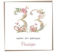 Personalised 33rd Birthday Card for Women, Luxury Flower & Butterfly Design with Customised Name, Special Milestone Keepsake Gift, Cute Contemporary Handmade Customizable Age 33 Cards, Glitter Effect