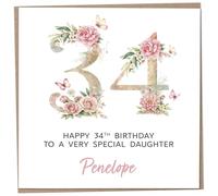 Personalised 34th Birthday Card for Adult Daughter, Luxury Flower & Butterfly Design with Customised Name, Special Milestone Keepsake Gift, Cute Contemporary Handmade Customizable Age 34 Cards