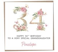 Personalised 34th Birthday Card for Adult Granddaughter, Luxury Flower & Butterfly Design with Customised Name, Special Milestone Keepsake Gift, Cute Contemporary Handmade Customizable Age 34 Cards