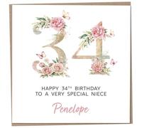 Personalised 34th Birthday Card for Adult Niece, Luxury Flower & Butterfly Design with Customised Name, Special Milestone Keepsake Gift, Cute Contemporary Handmade Customizable Age 34 Cards