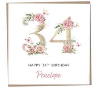 Personalised 34th Birthday Card for Women, Luxury Flower & Butterfly Design with Customised Name, Special Milestone Keepsake Gift, Cute Contemporary Handmade Customizable Age 34 Cards, Glitter Effect