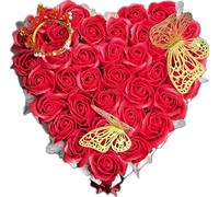 Personalised 35 red roses Heart-Shaped Chocolate Gift made with 42 Kinder Chocolates and red soap roses, Perfect all Occasions, Last Minute Gifts, luxury gift, sparkling, crown and butterflies