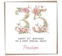 Personalised 35th Birthday Card for Adult Niece, Luxury Flower & Butterfly Design with Customised Name, Special Milestone Keepsake Gift, Cute Contemporary Handmade Customizable Age 35 Cards