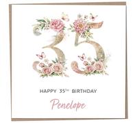 Personalised 35th Birthday Card for Women, Luxury Flower & Butterfly Design with Customised Name, Special Milestone Keepsake Gift, Cute Contemporary Handmade Customizable Age 35 Cards, Glitter Effect