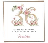 Personalised 36th Birthday Card for Adult Niece, Luxury Flower & Butterfly Design with Customised Name, Special Milestone Keepsake Gift, Cute Contemporary Handmade Customizable Age 36 Cards