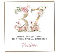 Personalised 37th Birthday Card for Adult Daughter, Luxury Flower & Butterfly Design with Customised Name, Special Milestone Keepsake Gift, Cute Contemporary Handmade Customizable Age 37 Cards