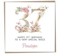 Personalised 37th Birthday Card for Adult Niece, Luxury Flower & Butterfly Design with Customised Name, Special Milestone Keepsake Gift, Cute Contemporary Handmade Customizable Age 37 Cards