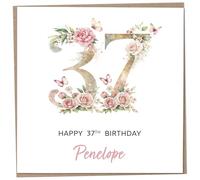 Personalised 37th Birthday Card for Women, Luxury Flower & Butterfly Design with Customised Name, Special Milestone Keepsake Gift, Cute Contemporary Handmade Customizable Age 37 Cards, Glitter Effect
