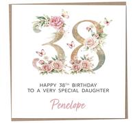 Personalised 38th Birthday Card for Adult Daughter, Luxury Flower & Butterfly Design with Customised Name, Special Milestone Keepsake Gift, Cute Contemporary Handmade Customizable Age 38 Cards