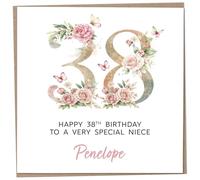 Personalised 38th Birthday Card for Adult Niece, Luxury Flower & Butterfly Design with Customised Name, Special Milestone Keepsake Gift, Cute Contemporary Handmade Customizable Age 38 Cards