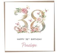 Personalised 38th Birthday Card for Women, Luxury Flower & Butterfly Design with Customised Name, Special Milestone Keepsake Gift, Cute Contemporary Handmade Customizable Age 38 Cards, Glitter Effect