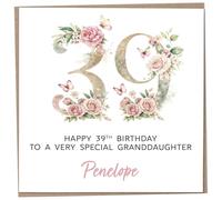 Personalised 39th Birthday Card for Adult Granddaughter, Luxury Flower & Butterfly Design with Customised Name, Special Milestone Keepsake Gift, Cute Contemporary Handmade Customizable Age 39 Cards