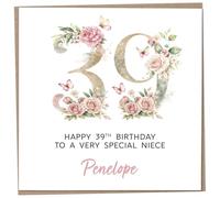 Personalised 39th Birthday Card for Adult Niece, Luxury Flower & Butterfly Design with Customised Name, Special Milestone Keepsake Gift, Cute Contemporary Handmade Customizable Age 39 Cards