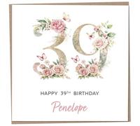 Personalised 39th Birthday Card for Women, Luxury Flower & Butterfly Design with Customised Name, Special Milestone Keepsake Gift, Cute Contemporary Handmade Customizable Age 39 Cards, Glitter Effect