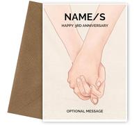 Personalised 3rd Wedding Anniversary Card for Couples | Holding Hands for 3rd Anniversary | Husband and Wife Married for 3 Years| | 7 x 5" and Blank Inside