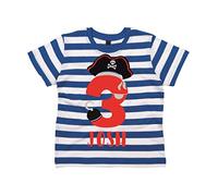 Personalised | 4-5 years | Blue and White striped T-shirt Pirate number THREE in Red/Black/Silver print | (Goto Add Gift Options Enter name in FreeGiftMessageBox or send message to the seller)
