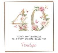 Personalised 40th Birthday Card for Adult Daughter, Luxury Flower & Butterfly Design with Customised Name, Special Milestone Keepsake Gift, Cute Contemporary Handmade Customizable Age 40 Cards