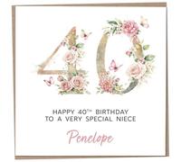 Personalised 40th Birthday Card for Adult Niece, Luxury Flower & Butterfly Design with Customised Name, Special Milestone Keepsake Gift, Cute Contemporary Handmade Customizable Age 40 Cards