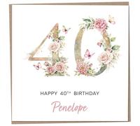 Personalised 40th Birthday Card for Women, Luxury Flower & Butterfly Design with Customised Name, Special Milestone Keepsake Gift, Cute Contemporary Handmade Customizable Age 40 Cards, Glitter Effect