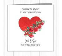 Personalised 40th Wedding Anniversary Card - Ruby - Red Heart With Roses