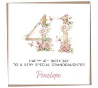 Personalised 41st Birthday Card for Adult Granddaughter, Luxury Flower & Butterfly Design with Customised Name, Special Milestone Keepsake Gift, Cute Contemporary Handmade Customizable Age 41 Cards