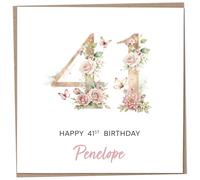 Personalised 41st Birthday Card for Women, Luxury Flower & Butterfly Design with Customised Name, Special Milestone Keepsake Gift, Cute Contemporary Handmade Customizable Age 41 Cards, Glitter Effect