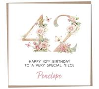 Personalised 42nd Birthday Card for Adult Niece, Luxury Flower & Butterfly Design with Customised Name, Special Milestone Keepsake Gift, Cute Contemporary Handmade Customizable Age 42 Cards