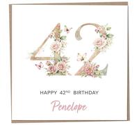 Personalised 42nd Birthday Card for Women, Luxury Flower & Butterfly Design with Customised Name, Special Milestone Keepsake Gift, Cute Contemporary Handmade Customizable Age 42 Cards, Glitter Effect