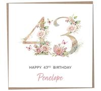 Personalised 43rd Birthday Card for Women, Luxury Flower & Butterfly Design with Customised Name, Special Milestone Keepsake Gift, Cute Contemporary Handmade Customizable Age 43 Cards, Glitter Effect