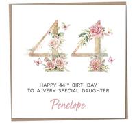 Personalised 44th Birthday Card for Adult Daughter, Luxury Flower & Butterfly Design with Customised Name, Special Milestone Keepsake Gift, Cute Contemporary Handmade Customizable Age 44 Cards