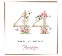 Personalised 44th Birthday Card for Women, Luxury Flower & Butterfly Design with Customised Name, Special Milestone Keepsake Gift, Cute Contemporary Handmade Customizable Age 44 Cards, Glitter Effect