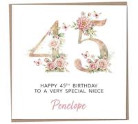 Personalised 45th Birthday Card for Adult Niece, Luxury Flower & Butterfly Design with Customised Name, Special Milestone Keepsake Gift, Cute Contemporary Handmade Customizable Age 45 Cards