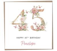 Personalised 45th Birthday Card for Women, Luxury Flower & Butterfly Design with Customised Name, Special Milestone Keepsake Gift, Cute Contemporary Handmade Customizable Age 45 Cards, Glitter Effect
