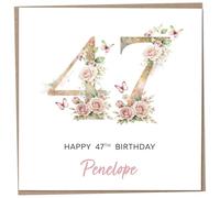Personalised 47th Birthday Card for Women, Luxury Flower & Butterfly Design with Customised Name, Special Milestone Keepsake Gift, Cute Contemporary Handmade Customizable Age 47 Cards, Glitter Effect