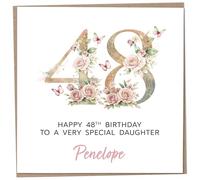 Personalised 48th Birthday Card for Adult Daughter, Luxury Flower & Butterfly Design with Customised Name, Special Milestone Keepsake Gift, Cute Contemporary Handmade Customizable Age 48 Cards