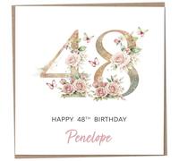 Personalised 48th Birthday Card for Women, Luxury Flower & Butterfly Design with Customised Name, Special Milestone Keepsake Gift, Cute Contemporary Handmade Customizable Age 48 Cards, Glitter Effect