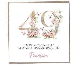 Personalised 49th Birthday Card for Adult Daughter, Luxury Flower & Butterfly Design with Customised Name, Special Milestone Keepsake Gift, Cute Contemporary Handmade Customizable Age 49 Cards
