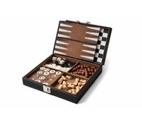 Personalised 5-in-1 Wooden Travel Games Set with Engraved Plaque, Black PU Case, Chess Draughts Backgammon Solitaire Tic-Tac-Toe, 22cm x 22cm x 7cm