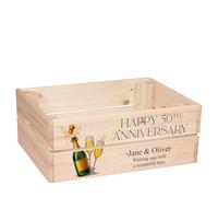 Personalised 50th Anniversary Wooden Crate Box, Champagne Design, 30.5 x 25 x 12 cm, Gift for Couples