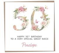 Personalised 50th Birthday Card for Adult Great Niece, Luxury Flower & Butterfly Design with Customised Name, Special Milestone Keepsake Gift, Cute Contemporary Handmade Customizable Age 50 Cards