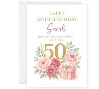 Personalised 50th Birthday Card for Women - Elegant Floral Design with Custom Name - Happy 50th Birthday Card Mum, Nan, Grandma, Friend, Sister, Auntie - Effortlessly Glamorous at Fifty