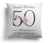 Personalised 50th Birthday Cushion Pillow Any Name Floral Cover And Inner Scatter Cushions Throw Pillows Gift For Her Fifty Ladies Bedroom Happy Birthday Keepsake Decor (cover & inner)