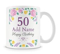 Personalised 50th Birthday Mug for Women - Add Name - Floral Design Gift for Her Fiftieth