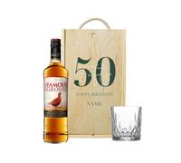 Personalised 50th Birthday Whisky Gift Set with Glass & Personalised Wooden Box (The Famous Grouse with Whisky Glass)