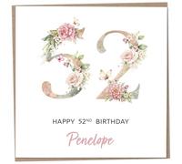 Personalised 52nd Birthday Card for Women, Luxury Flower & Butterfly Design with Customised Name, Special Milestone Keepsake Gift, Cute Contemporary Handmade Customizable Age 52 Cards, Glitter Effect