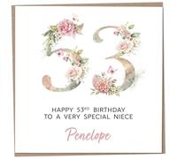 Personalised 53rd Birthday Card for Adult Niece, Luxury Flower & Butterfly Design with Customised Name, Special Milestone Keepsake Gift, Cute Contemporary Handmade Customizable Age 53 Cards