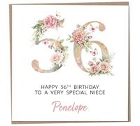 Personalised 56th Birthday Card for Adult Niece, Luxury Flower & Butterfly Design with Customised Name, Special Milestone Keepsake Gift, Cute Contemporary Handmade Customizable Age 56 Cards