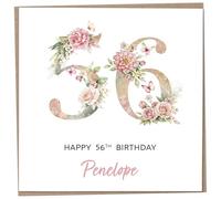 Personalised 56th Birthday Card for Women, Luxury Flower & Butterfly Design with Customised Name, Special Milestone Keepsake Gift, Cute Contemporary Handmade Customizable Age 56 Cards, Glitter Effect