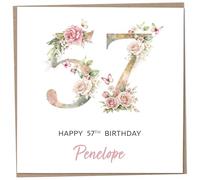 Personalised 57th Birthday Card for Women, Luxury Flower & Butterfly Design with Customised Name, Special Milestone Keepsake Gift, Cute Contemporary Handmade Customizable Age 57 Cards, Glitter Effect