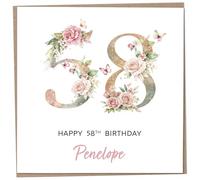Personalised 58th Birthday Card for Women, Luxury Flower & Butterfly Design with Customised Name, Special Milestone Keepsake Gift, Cute Contemporary Handmade Customizable Age 58 Cards, Glitter Effect